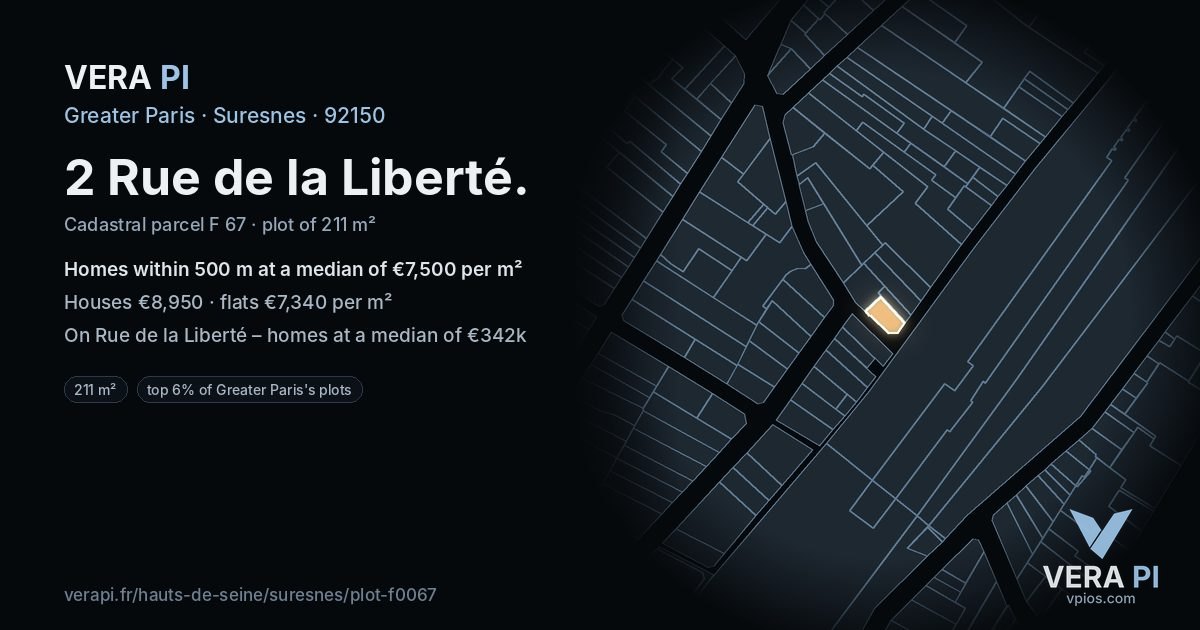 2 Rue de la Liberté, Suresnes at night – the plot lit, the parcels around coloured by the prices near them