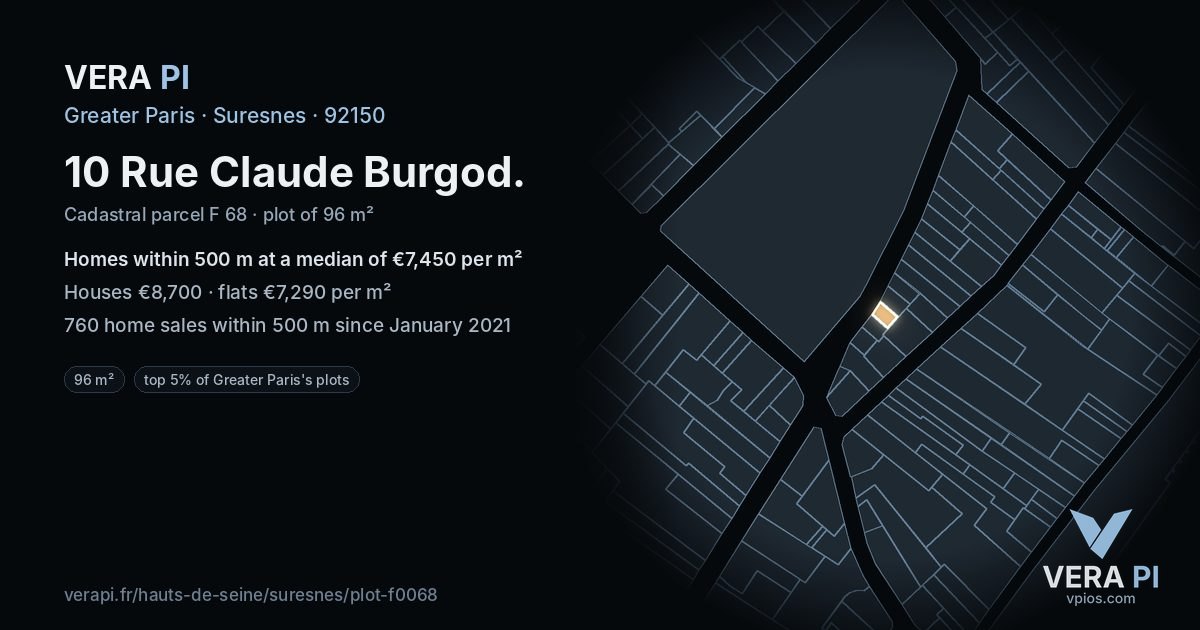 10 Rue Claude Burgod, Suresnes at night – the plot lit, the parcels around coloured by the prices near them