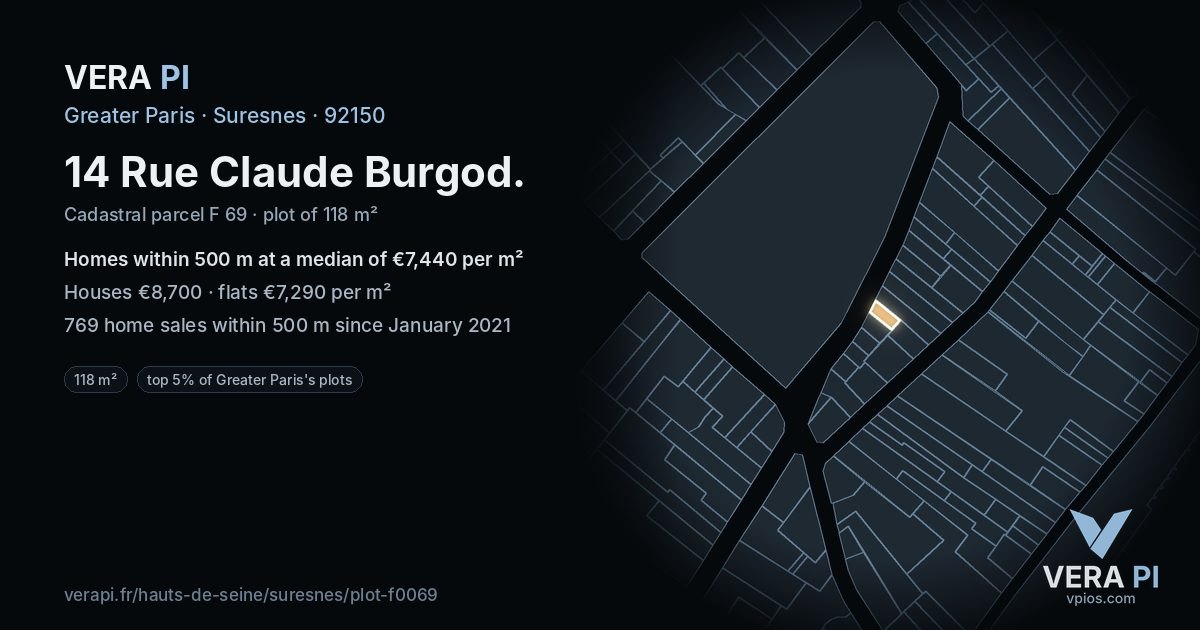14 Rue Claude Burgod, Suresnes at night – the plot lit, the parcels around coloured by the prices near them