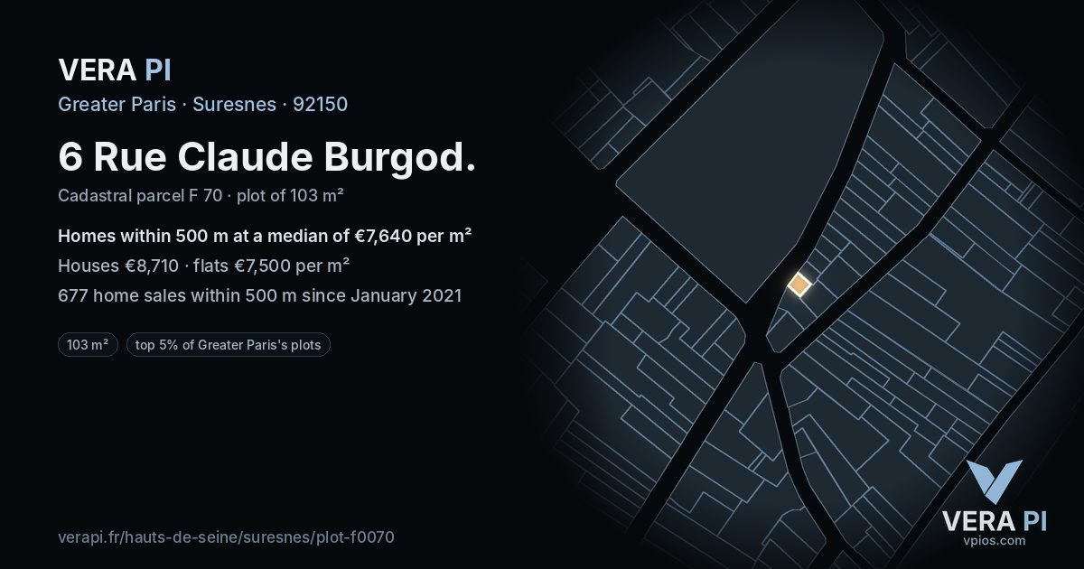 6 Rue Claude Burgod, Suresnes at night – the plot lit, the parcels around coloured by the prices near them