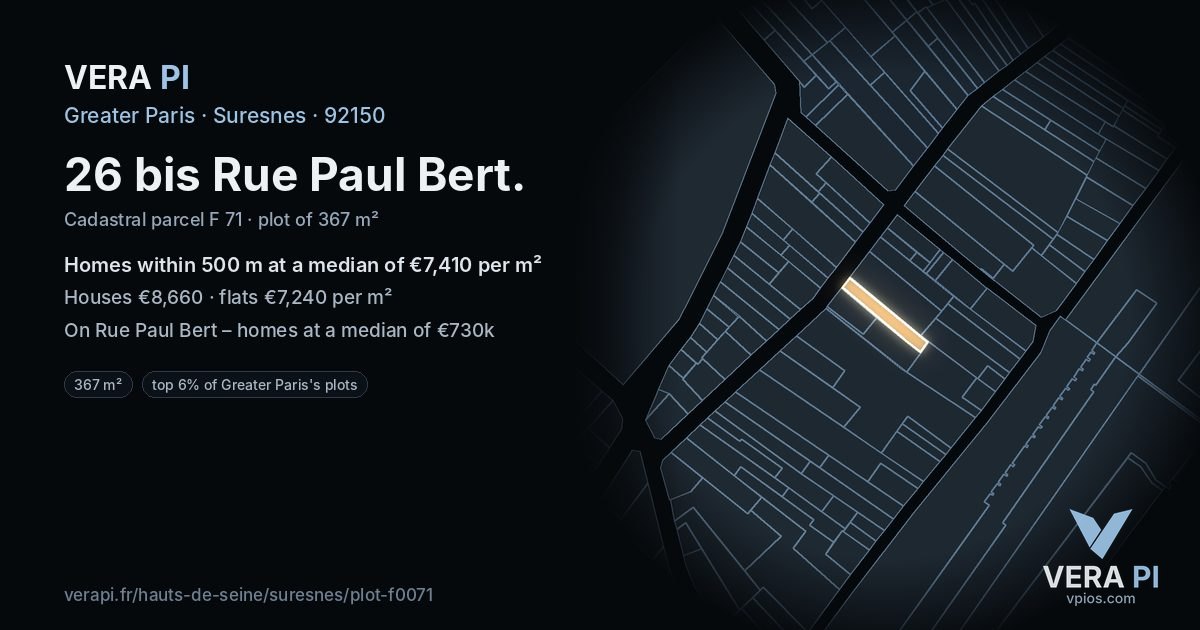 26 bis Rue Paul Bert, Suresnes at night – the plot lit, the parcels around coloured by the prices near them