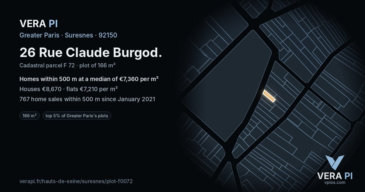 26 Rue Claude Burgod, Suresnes at night – the plot lit, the parcels around coloured by the prices near them