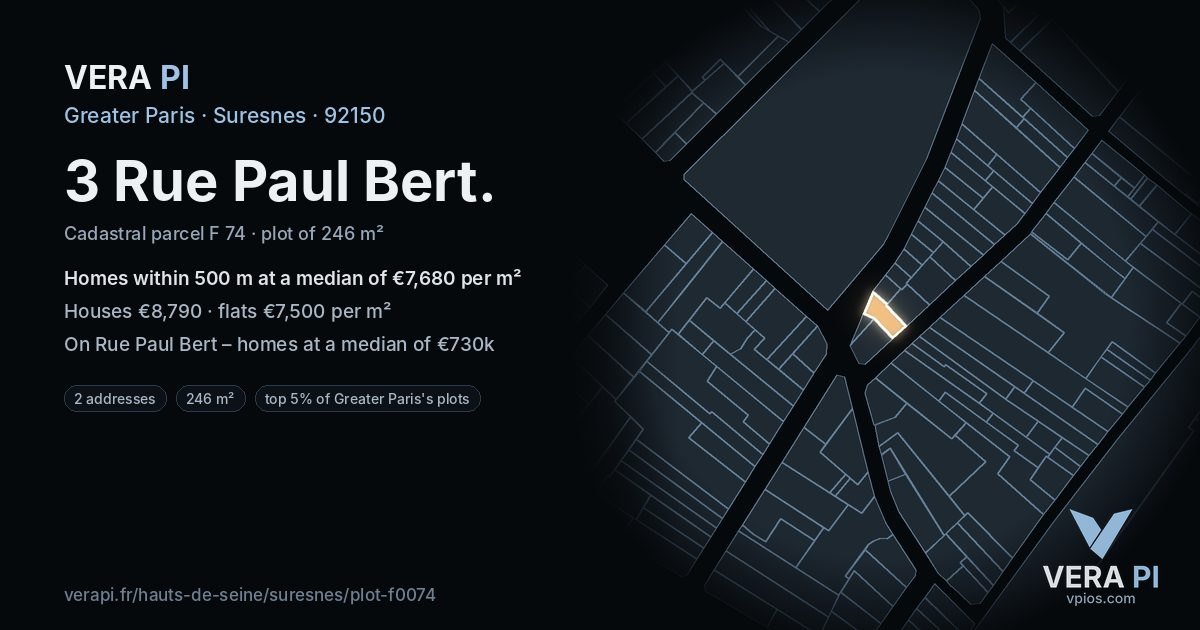 3 Rue Paul Bert, Suresnes at night – the plot lit, the parcels around coloured by the prices near them
