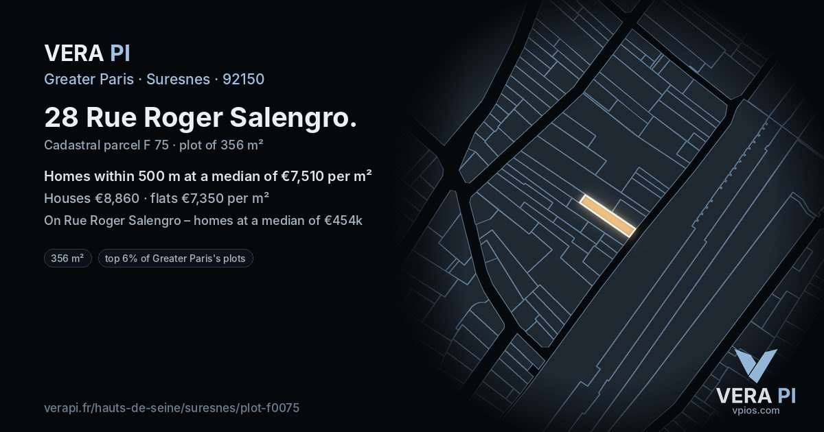 28 Rue Roger Salengro, Suresnes at night – the plot lit, the parcels around coloured by the prices near them