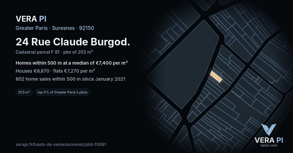 24 Rue Claude Burgod, Suresnes at night – the plot lit, the parcels around coloured by the prices near them