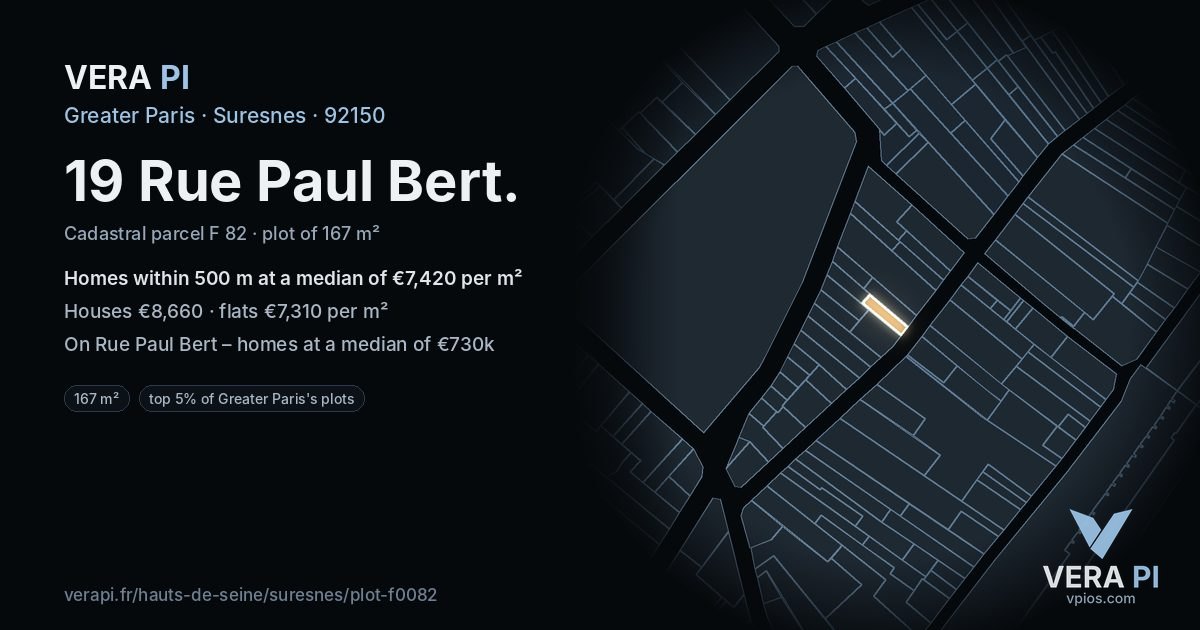 19 Rue Paul Bert, Suresnes at night – the plot lit, the parcels around coloured by the prices near them
