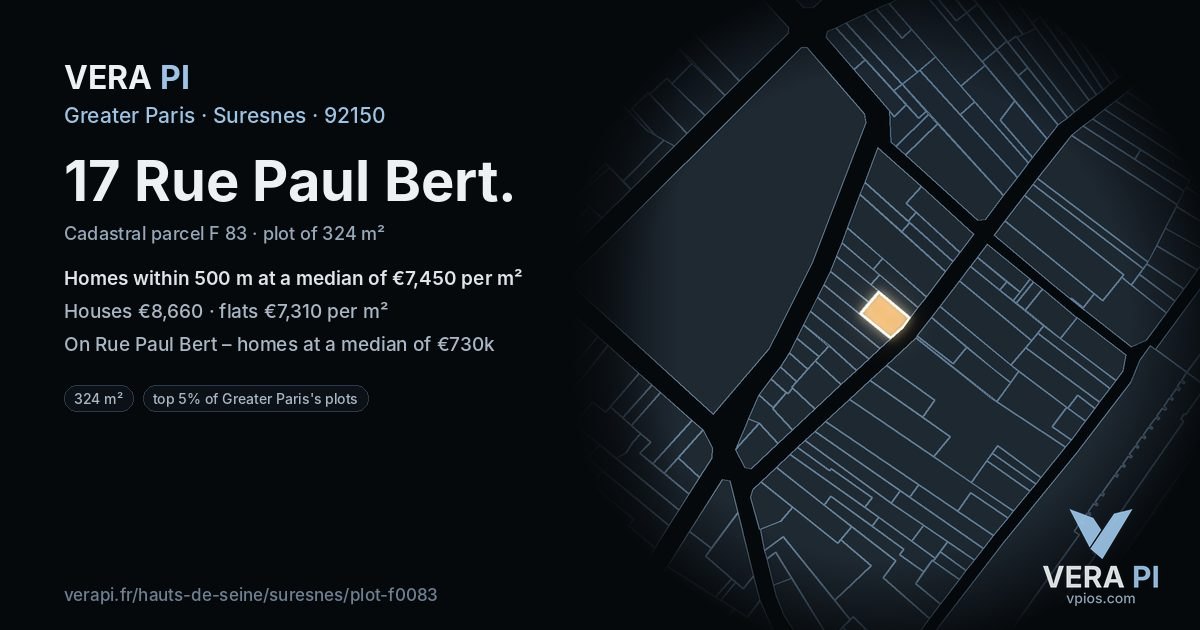 17 Rue Paul Bert, Suresnes at night – the plot lit, the parcels around coloured by the prices near them