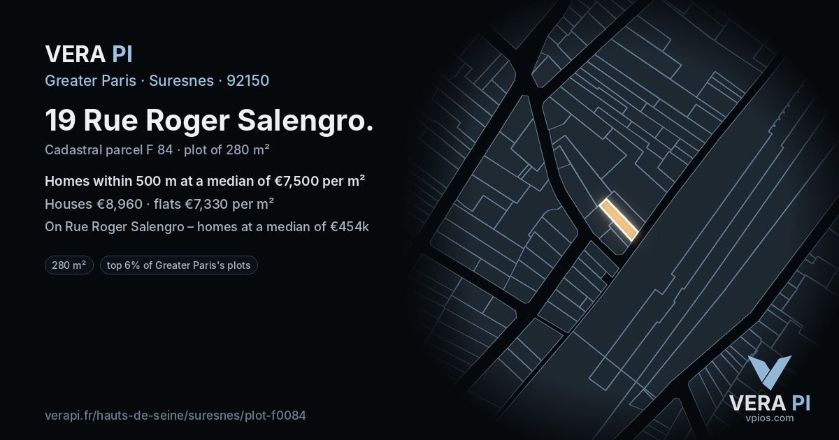 19 Rue Roger Salengro, Suresnes at night – the plot lit, the parcels around coloured by the prices near them