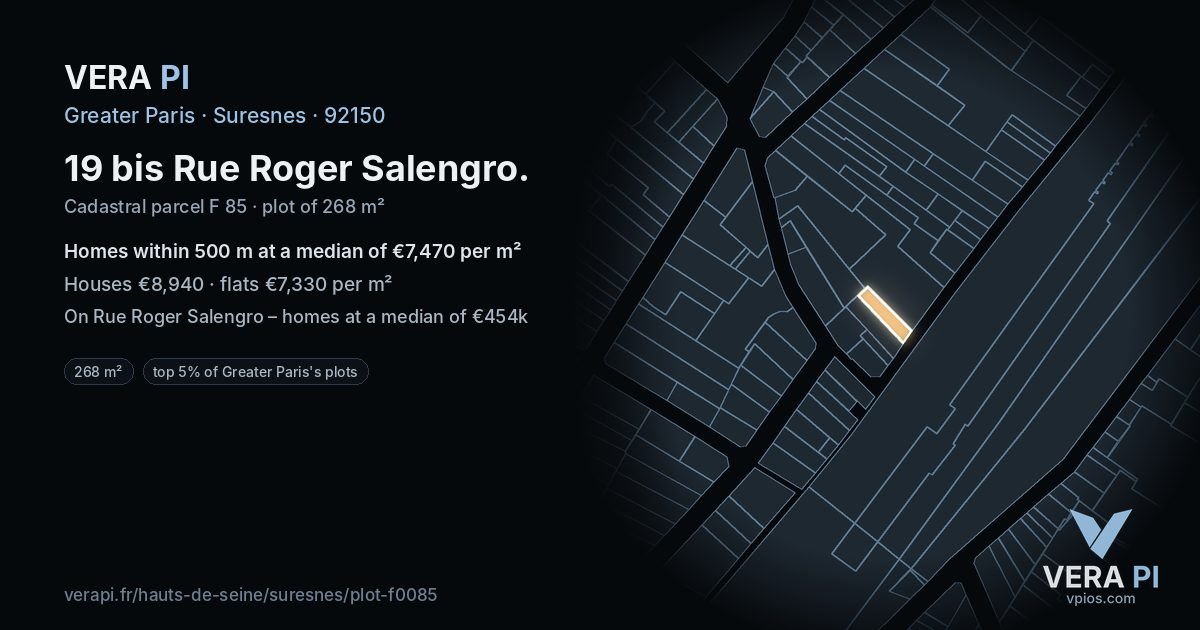 19 bis Rue Roger Salengro, Suresnes at night – the plot lit, the parcels around coloured by the prices near them