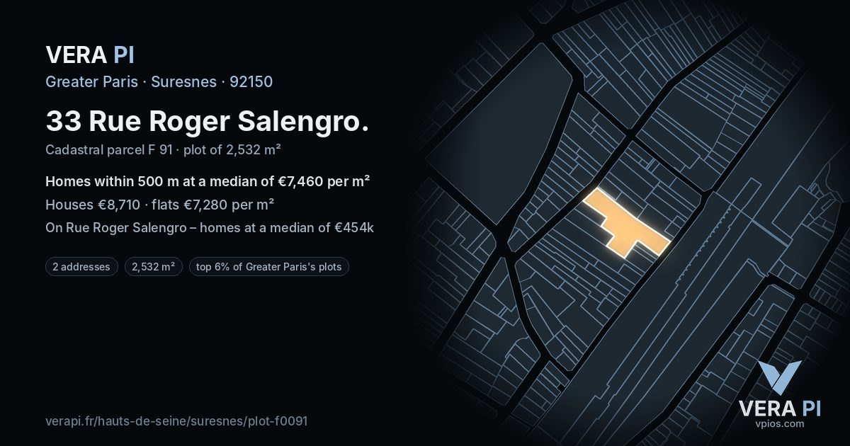 33 Rue Roger Salengro, Suresnes at night – the plot lit, the parcels around coloured by the prices near them