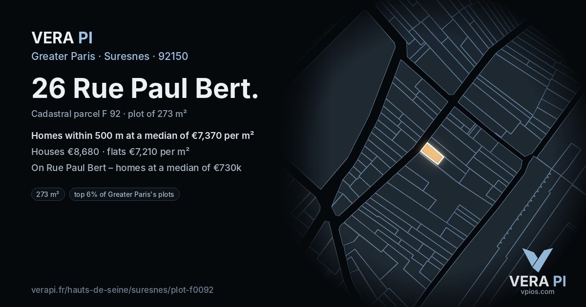 26 Rue Paul Bert, Suresnes at night – the plot lit, the parcels around coloured by the prices near them