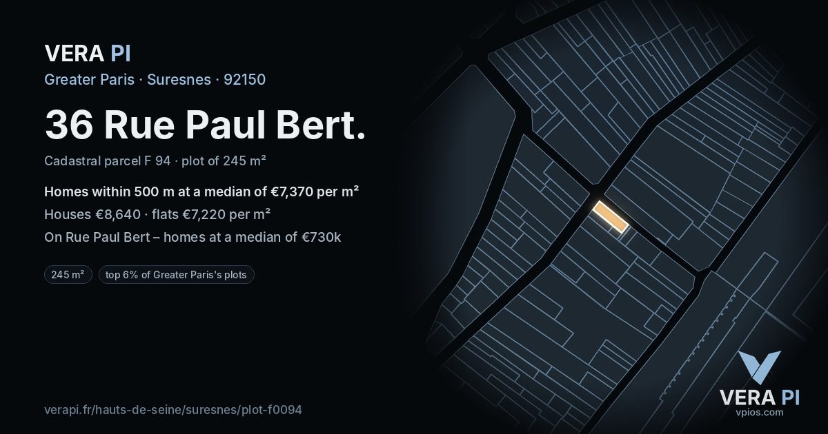 36 Rue Paul Bert, Suresnes at night – the plot lit, the parcels around coloured by the prices near them