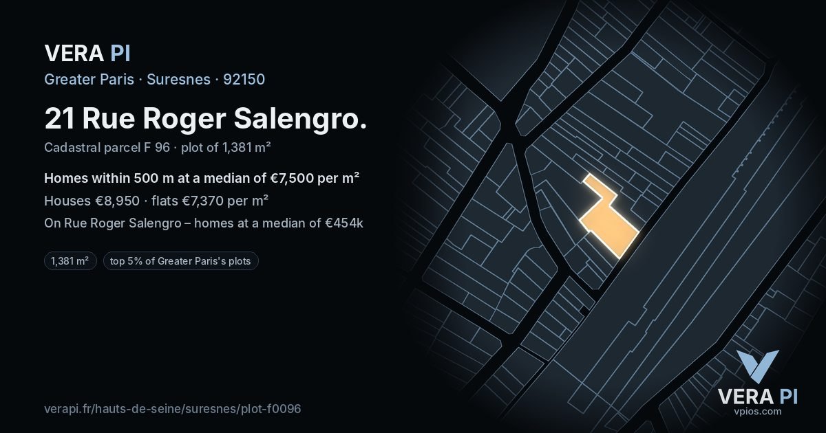 21 Rue Roger Salengro, Suresnes at night – the plot lit, the parcels around coloured by the prices near them