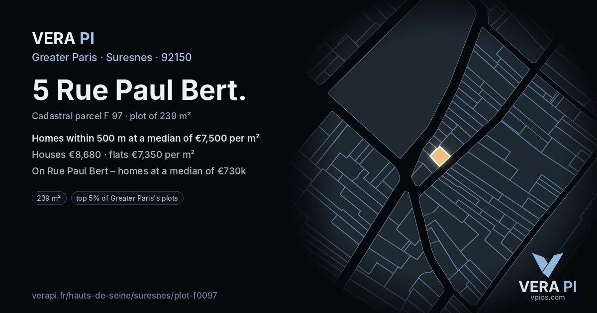 5 Rue Paul Bert, Suresnes at night – the plot lit, the parcels around coloured by the prices near them