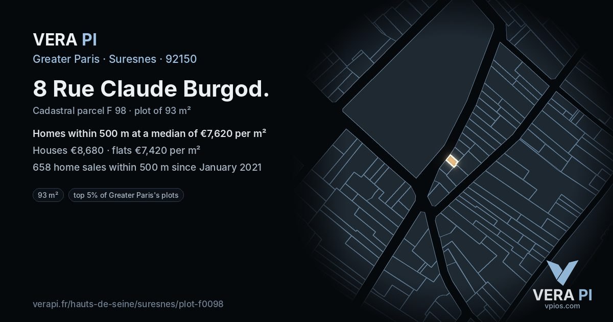 8 Rue Claude Burgod, Suresnes at night – the plot lit, the parcels around coloured by the prices near them