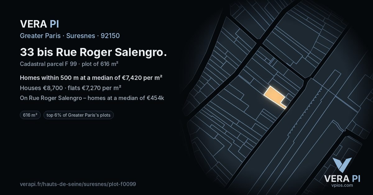 33 bis Rue Roger Salengro, Suresnes at night – the plot lit, the parcels around coloured by the prices near them