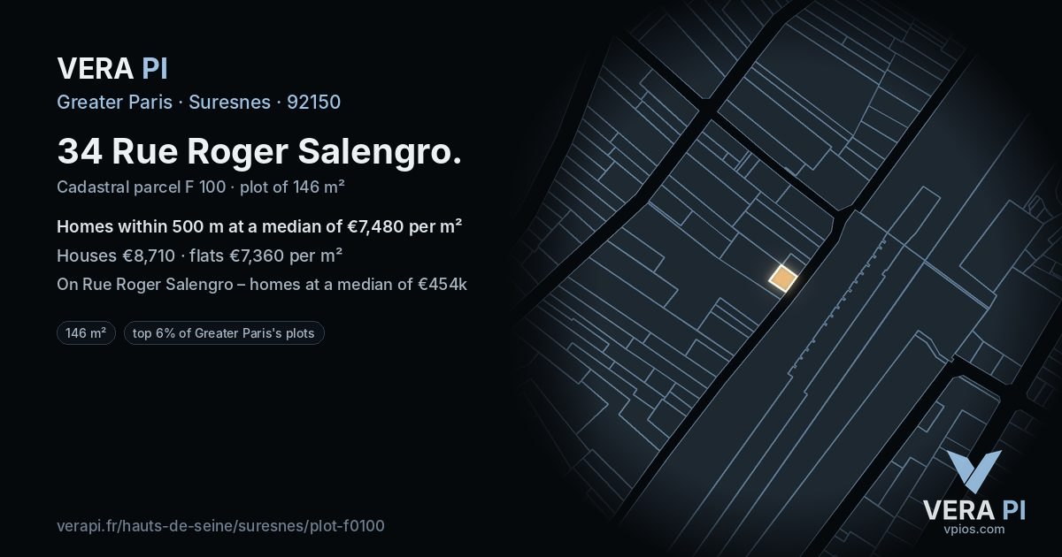 34 Rue Roger Salengro, Suresnes at night – the plot lit, the parcels around coloured by the prices near them