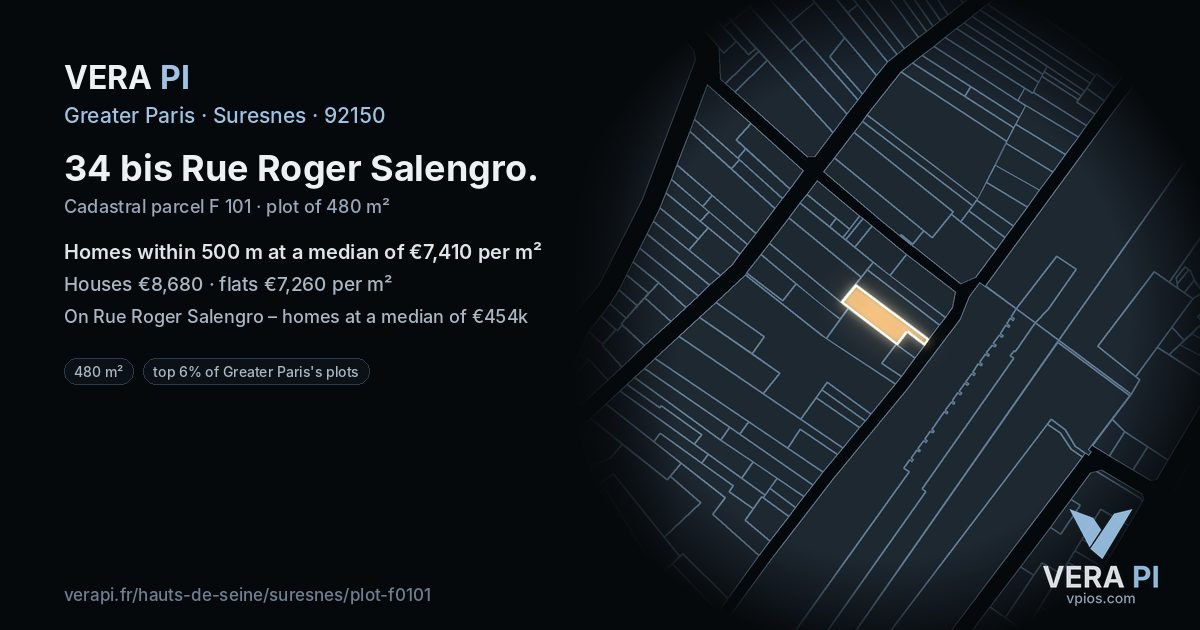 34 bis Rue Roger Salengro, Suresnes at night – the plot lit, the parcels around coloured by the prices near them