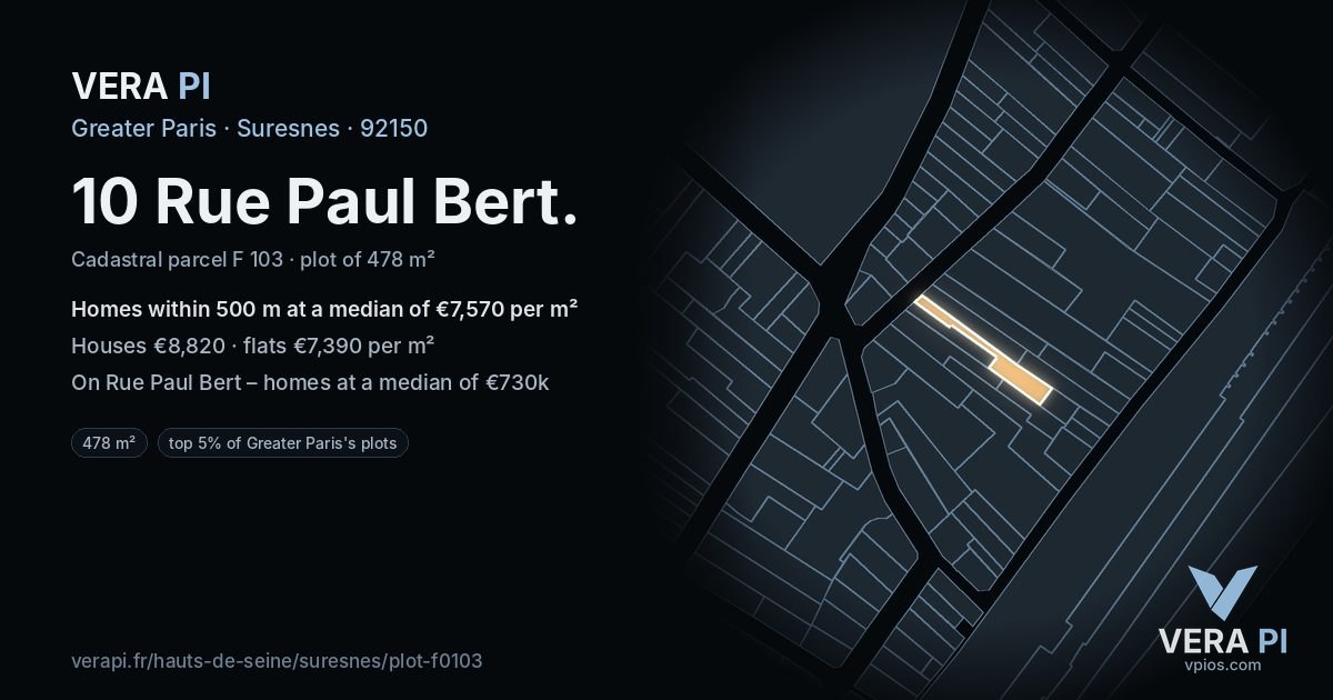 10 Rue Paul Bert, Suresnes at night – the plot lit, the parcels around coloured by the prices near them