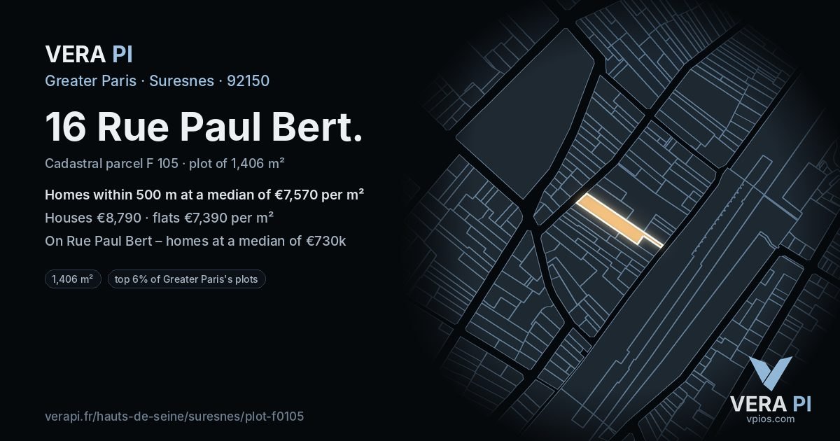 16 Rue Paul Bert, Suresnes at night – the plot lit, the parcels around coloured by the prices near them
