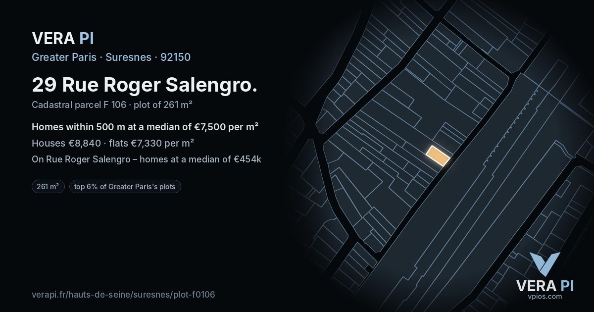 29 Rue Roger Salengro, Suresnes at night – the plot lit, the parcels around coloured by the prices near them