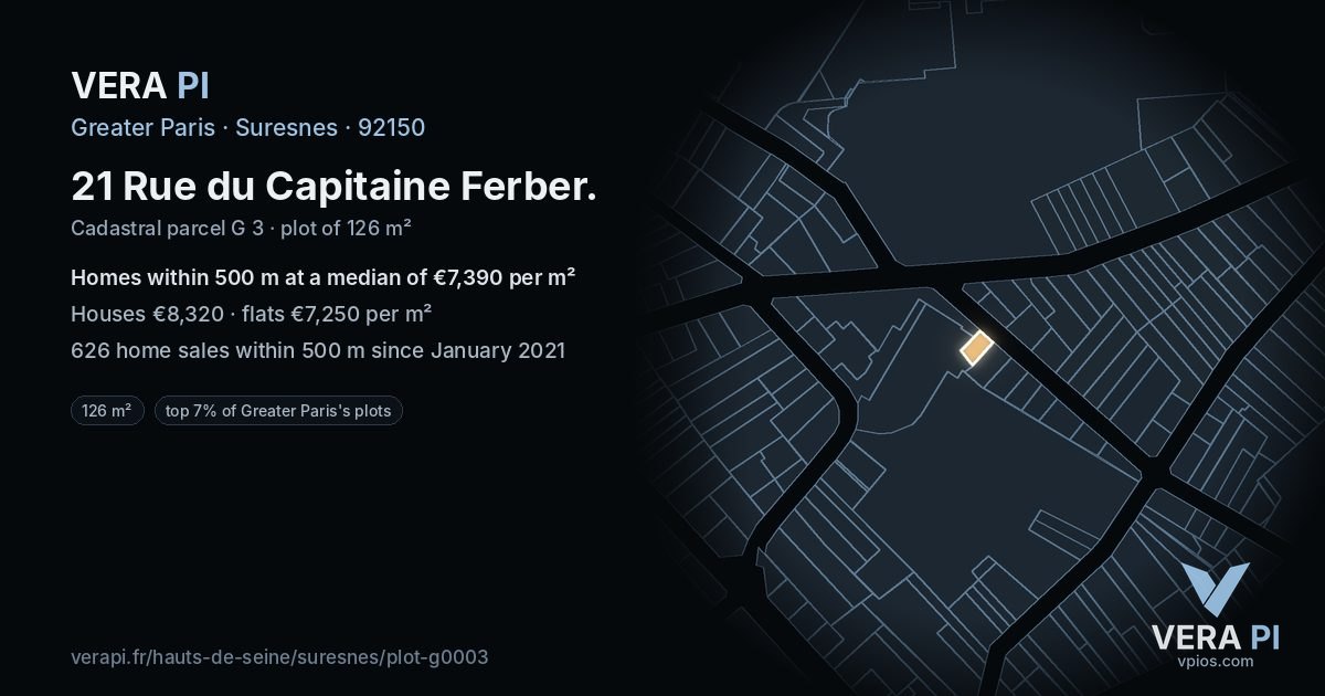 21 Rue du Capitaine Ferber, Suresnes at night – the plot lit, the parcels around coloured by the prices near them