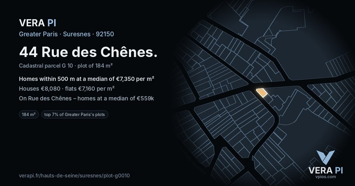 44 Rue des Chênes, Suresnes at night – the plot lit, the parcels around coloured by the prices near them