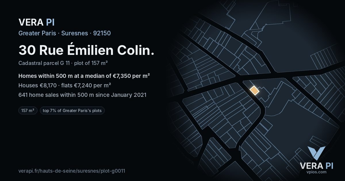 30 Rue Émilien Colin, Suresnes at night – the plot lit, the parcels around coloured by the prices near them