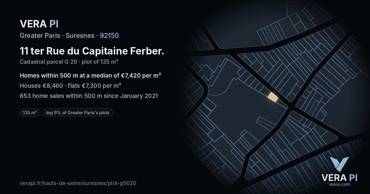 11 ter Rue du Capitaine Ferber, Suresnes at night – the plot lit, the parcels around coloured by the prices near them