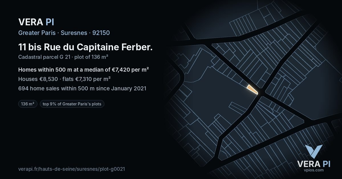 11 bis Rue du Capitaine Ferber, Suresnes at night – the plot lit, the parcels around coloured by the prices near them
