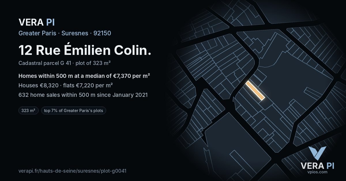 12 Rue Émilien Colin, Suresnes at night – the plot lit, the parcels around coloured by the prices near them