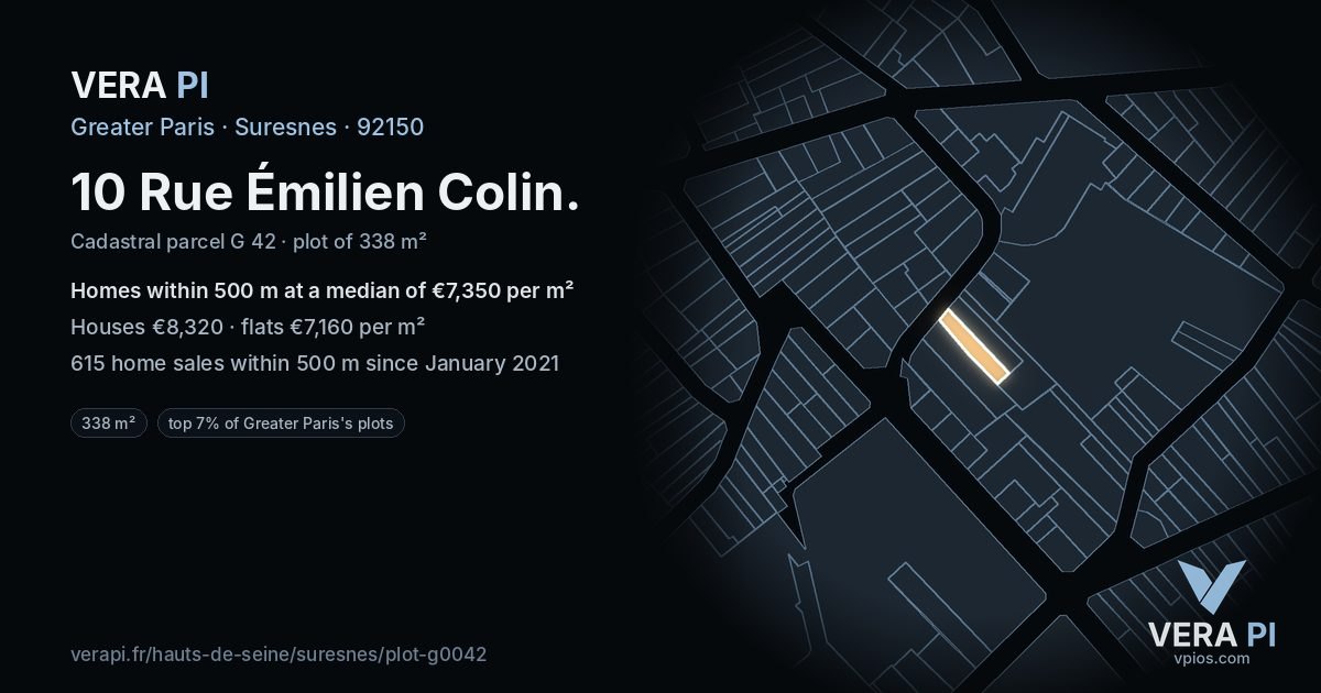 10 Rue Émilien Colin, Suresnes at night – the plot lit, the parcels around coloured by the prices near them