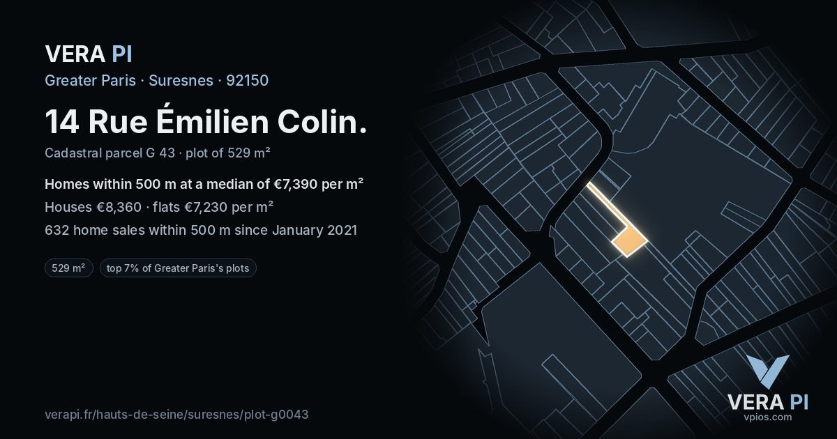 14 Rue Émilien Colin, Suresnes at night – the plot lit, the parcels around coloured by the prices near them