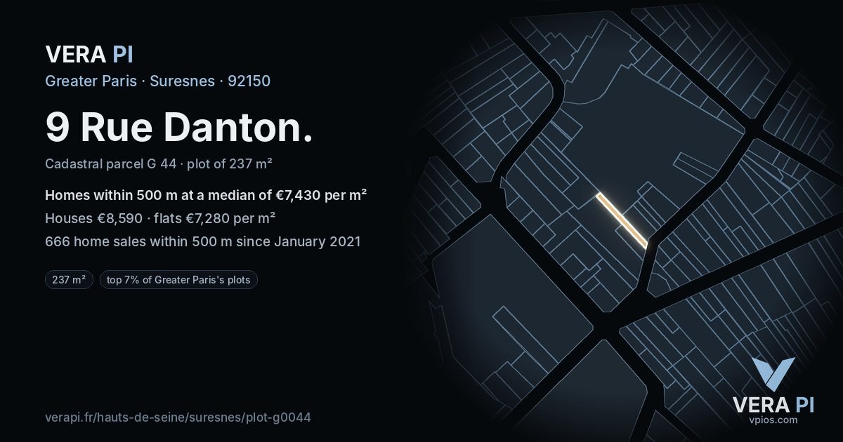 9 Rue Danton, Suresnes at night – the plot lit, the parcels around coloured by the prices near them