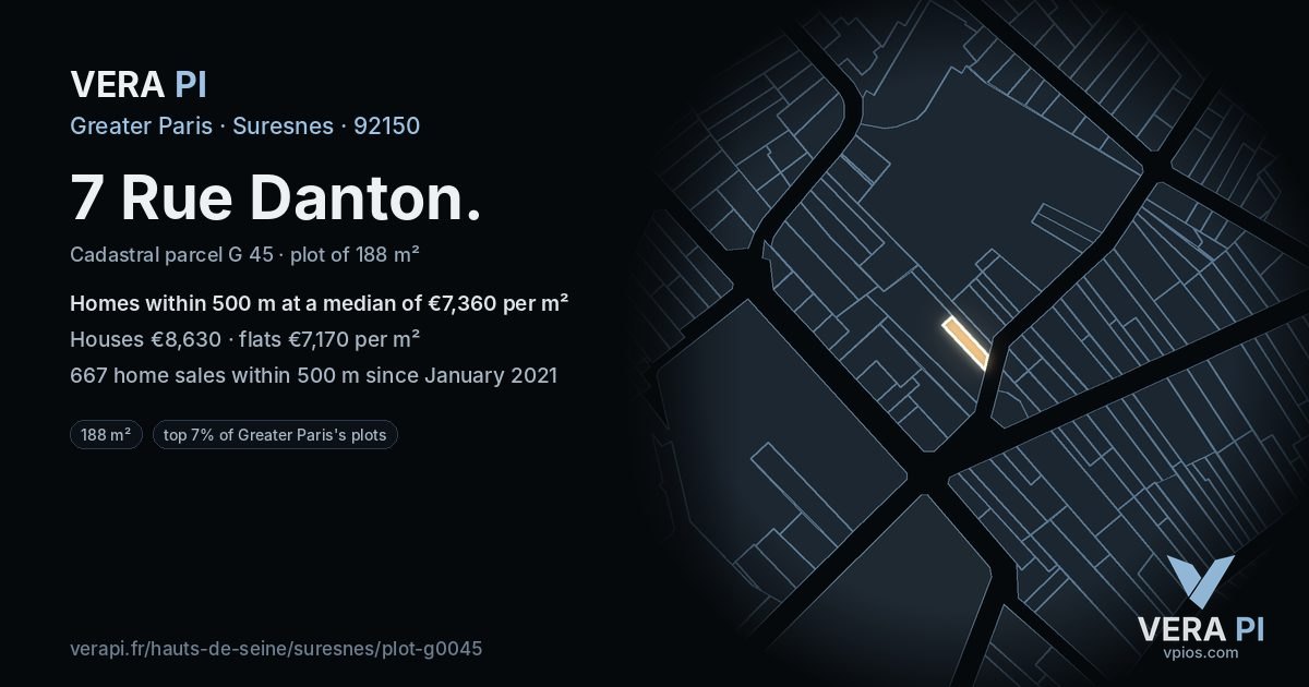7 Rue Danton, Suresnes at night – the plot lit, the parcels around coloured by the prices near them