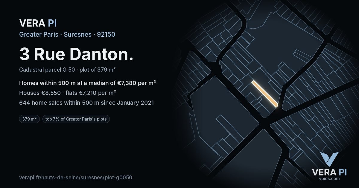 3 Rue Danton, Suresnes at night – the plot lit, the parcels around coloured by the prices near them