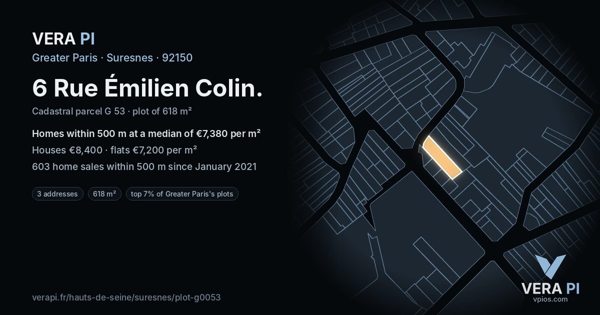 6 Rue Émilien Colin, Suresnes at night – the plot lit, the parcels around coloured by the prices near them