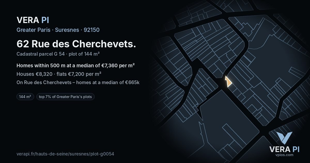 62 Rue des Cherchevets, Suresnes at night – the plot lit, the parcels around coloured by the prices near them