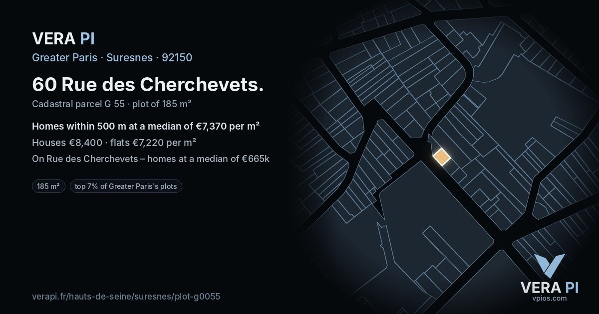 60 Rue des Cherchevets, Suresnes at night – the plot lit, the parcels around coloured by the prices near them