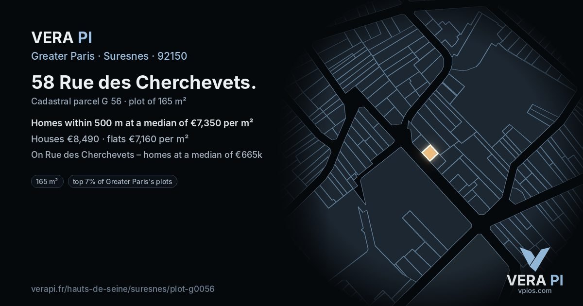 58 Rue des Cherchevets, Suresnes at night – the plot lit, the parcels around coloured by the prices near them