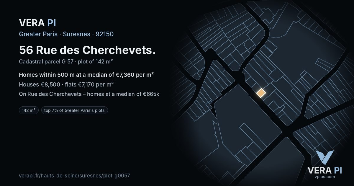 56 Rue des Cherchevets, Suresnes at night – the plot lit, the parcels around coloured by the prices near them