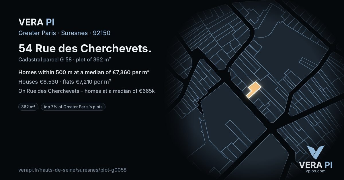 54 Rue des Cherchevets, Suresnes at night – the plot lit, the parcels around coloured by the prices near them