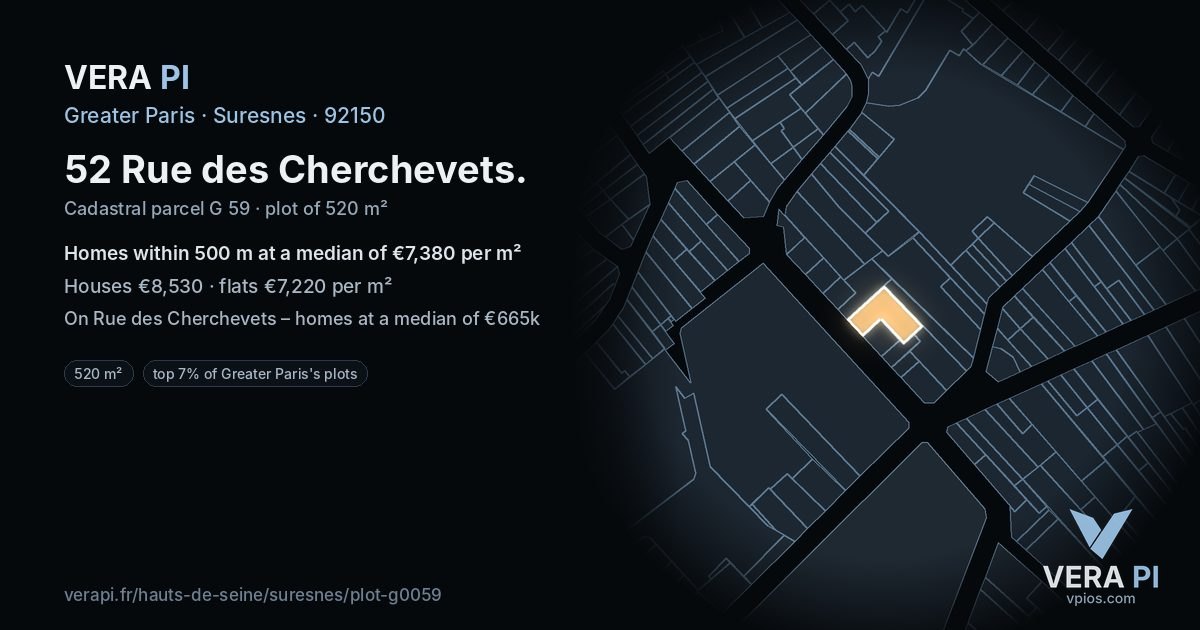 52 Rue des Cherchevets, Suresnes at night – the plot lit, the parcels around coloured by the prices near them