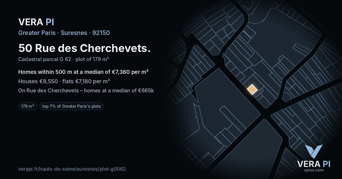 50 Rue des Cherchevets, Suresnes at night – the plot lit, the parcels around coloured by the prices near them
