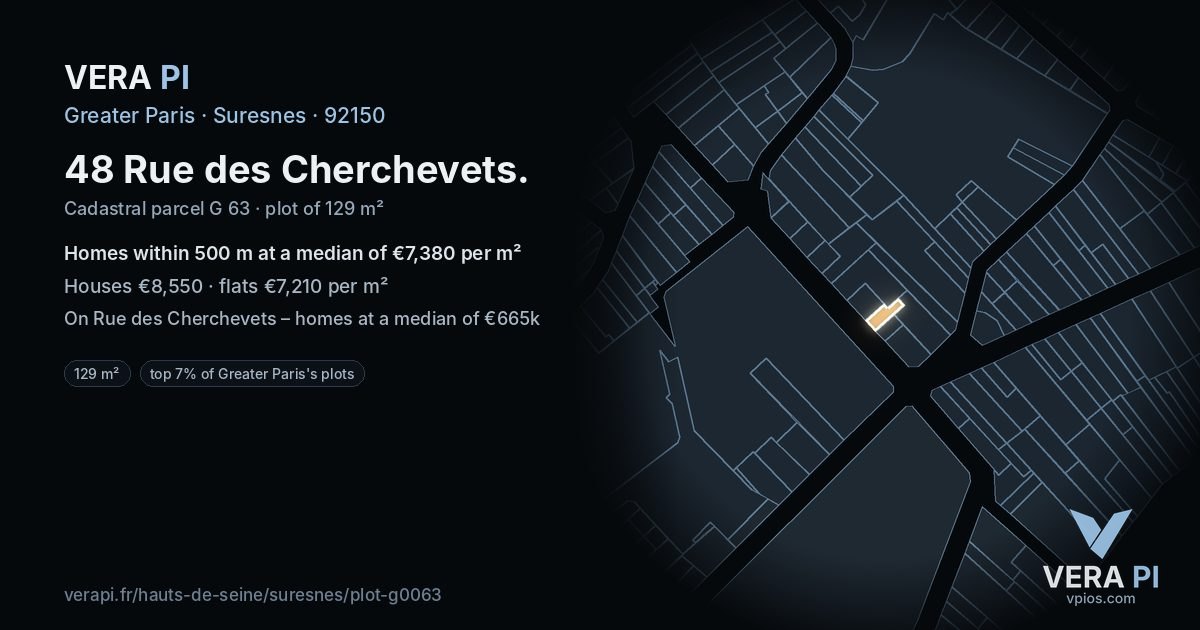 48 Rue des Cherchevets, Suresnes at night – the plot lit, the parcels around coloured by the prices near them