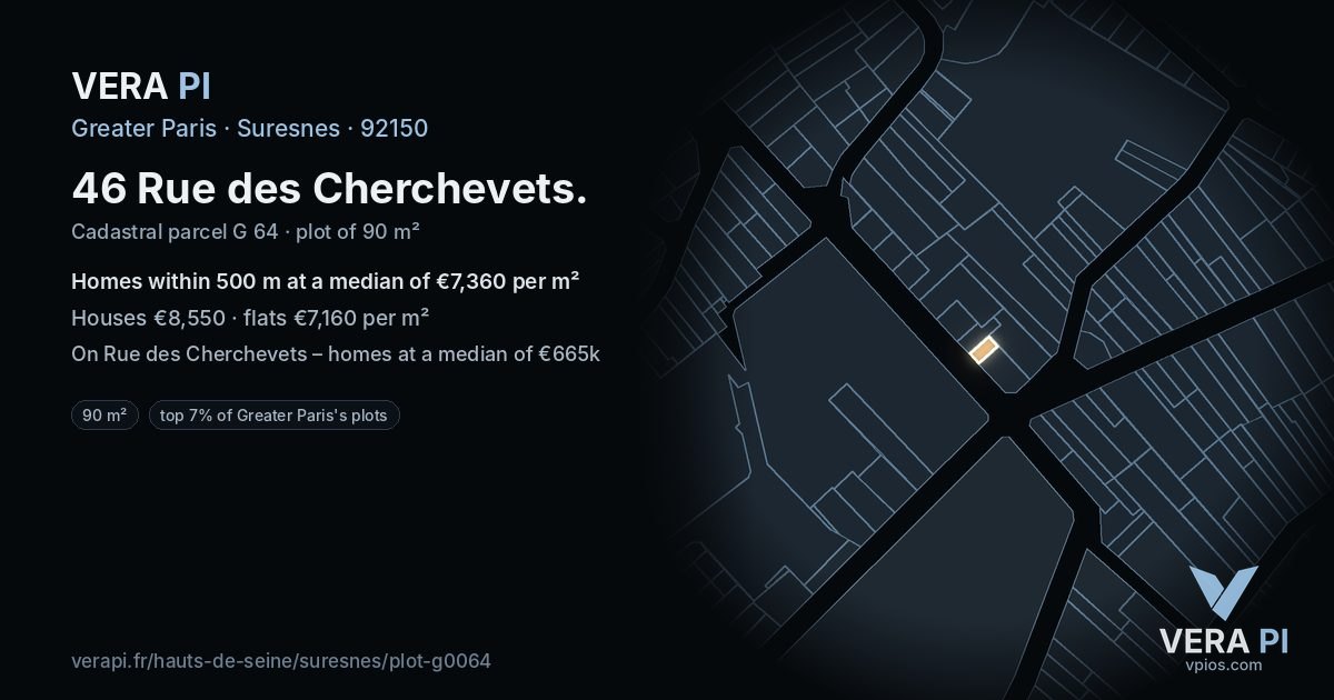 46 Rue des Cherchevets, Suresnes at night – the plot lit, the parcels around coloured by the prices near them