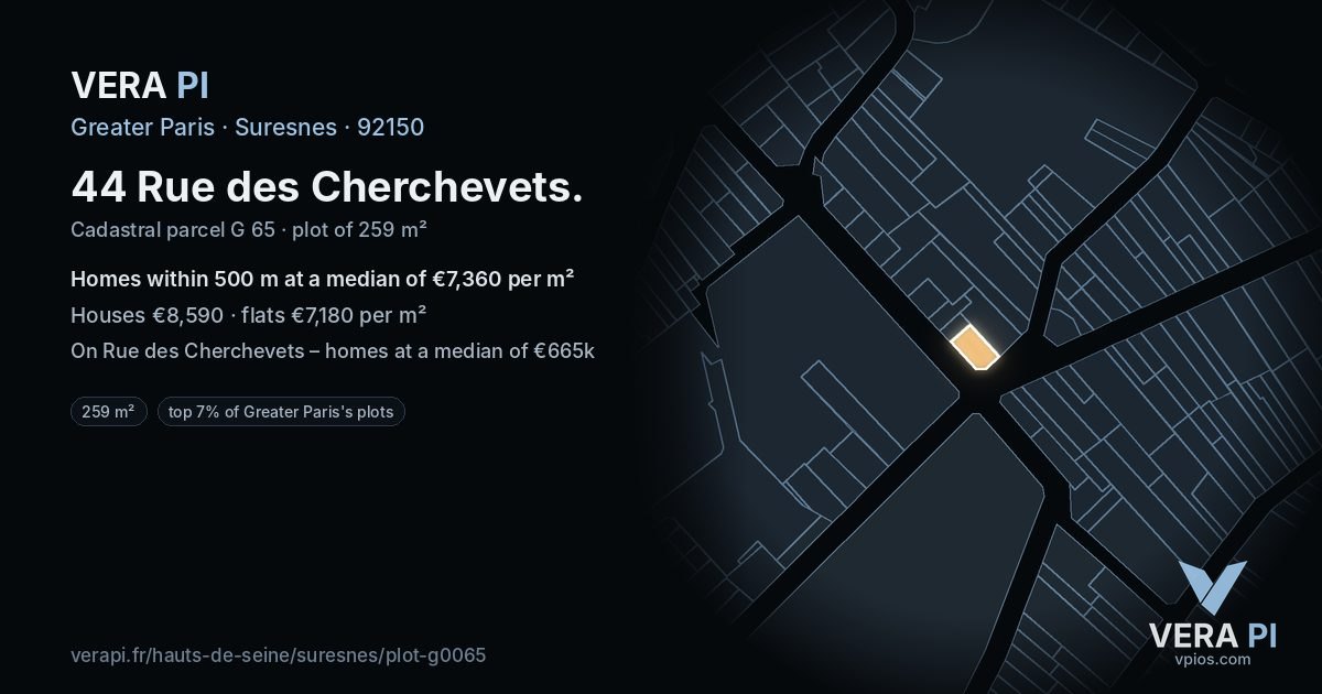 44 Rue des Cherchevets, Suresnes at night – the plot lit, the parcels around coloured by the prices near them