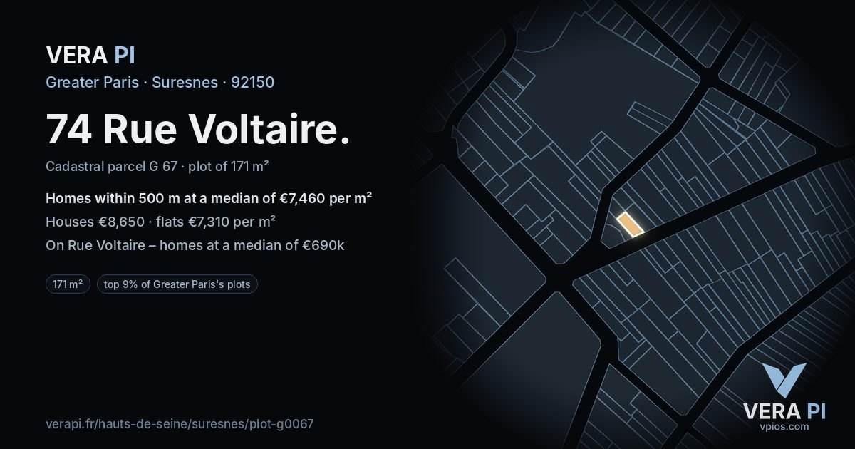 74 Rue Voltaire, Suresnes at night – the plot lit, the parcels around coloured by the prices near them