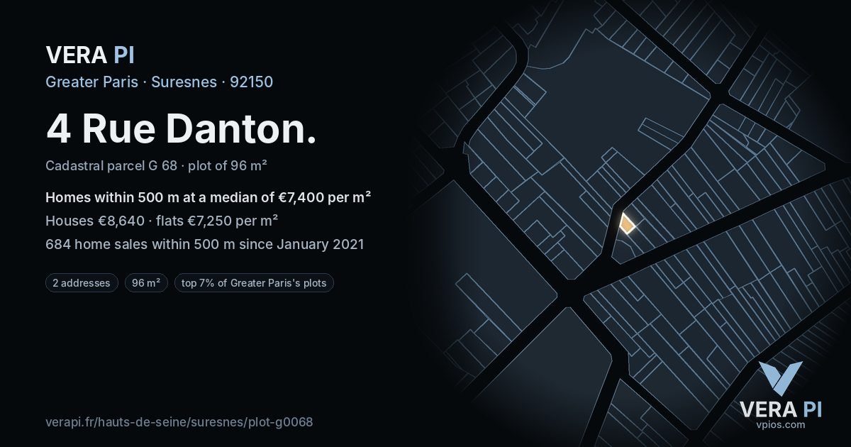 4 Rue Danton, Suresnes at night – the plot lit, the parcels around coloured by the prices near them