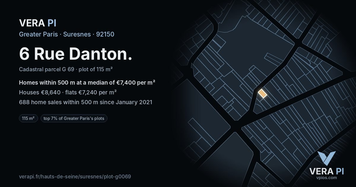 6 Rue Danton, Suresnes at night – the plot lit, the parcels around coloured by the prices near them